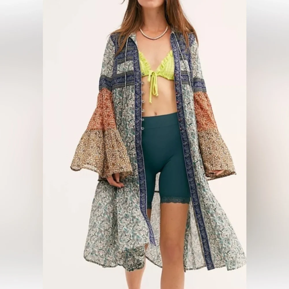 Free People Boho Music of the Night Floral Patchwork Duster Midi Dress Small